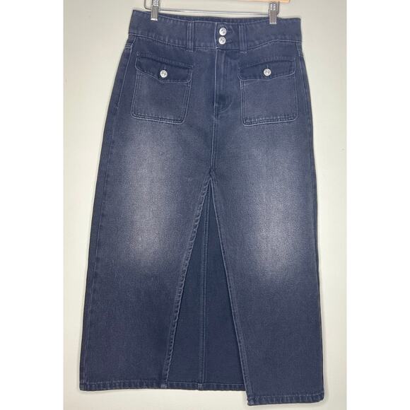 Free People We The Free Black Denim Madison Midi Slit Skirt Size 27 / Small - Picture 2 of 9